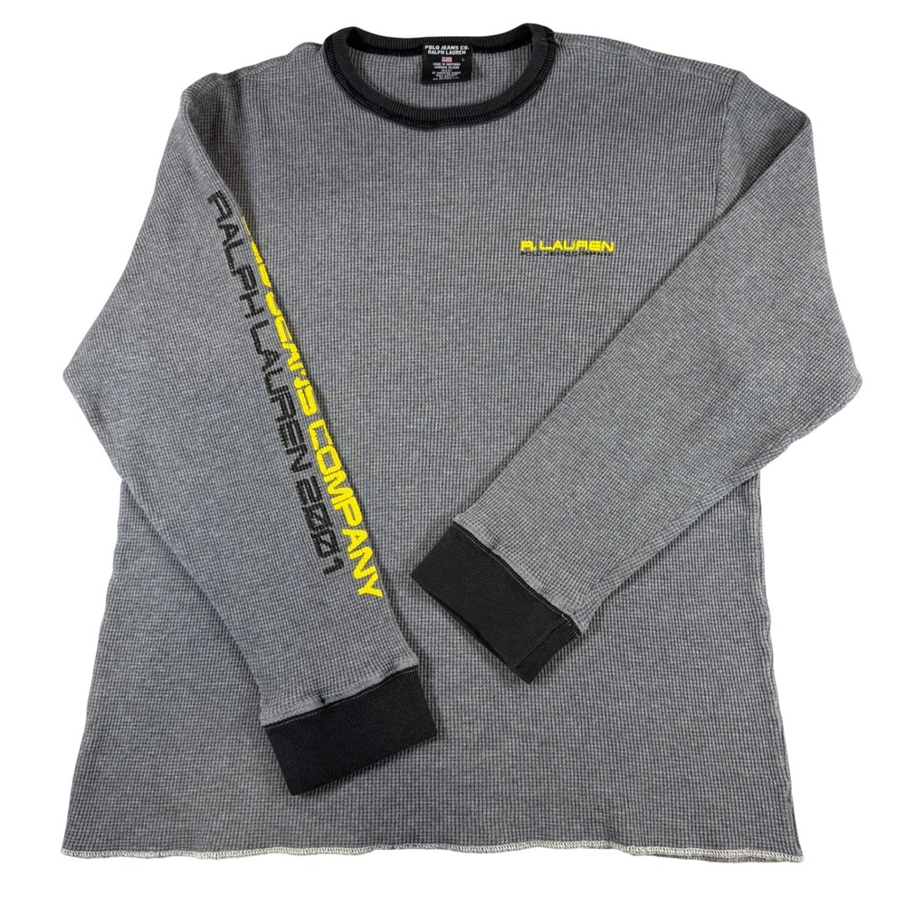 Polo Jeans Co Ralph Lauren Mens Large Grey Waffle Knit Thermal Long Sleeve Shirt